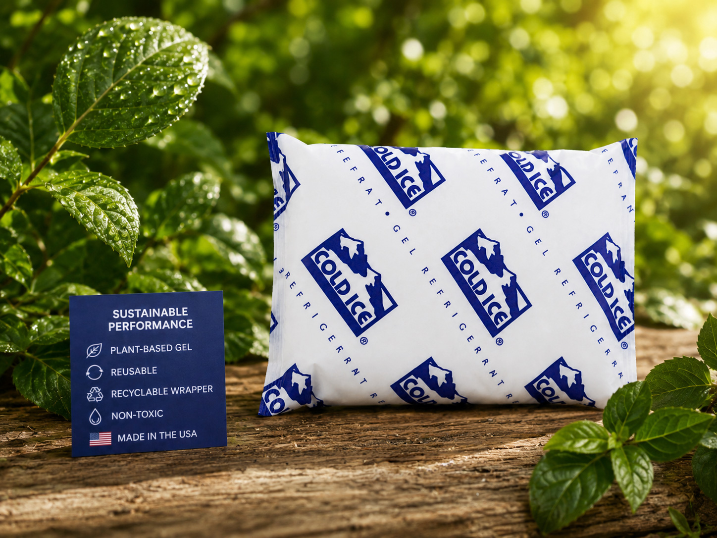 Cold Ice's Premium Leak-Proof Gel Ice Pack for high quality cold chain packagingshowing its sustainable performance features such as plant-based gel, reusable, recyclable wrapper, non toxic, biodegradable gel, and made in the USA