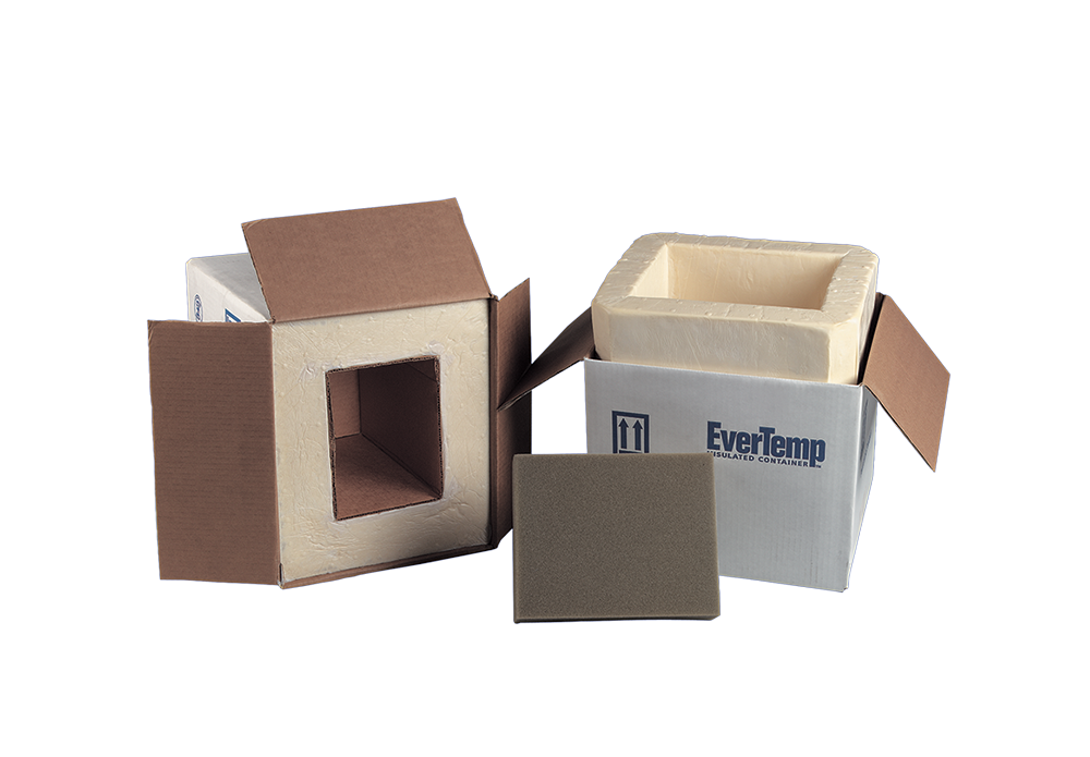 An open white corrugated shipping box lined with a thick EverTemp molded urethane insulation container. The box lid stands open on the left, revealing the thick foam interior wall, while a separate thick foam lid panel rests upright in the foreground against the main insulated box assembly.