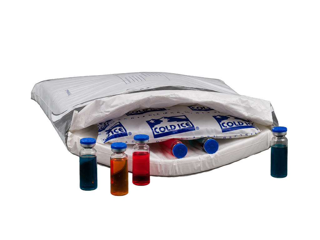 Expansion Foam Insulated Mailers with a cold ice pack and pharmaceutical products getting ready to inside