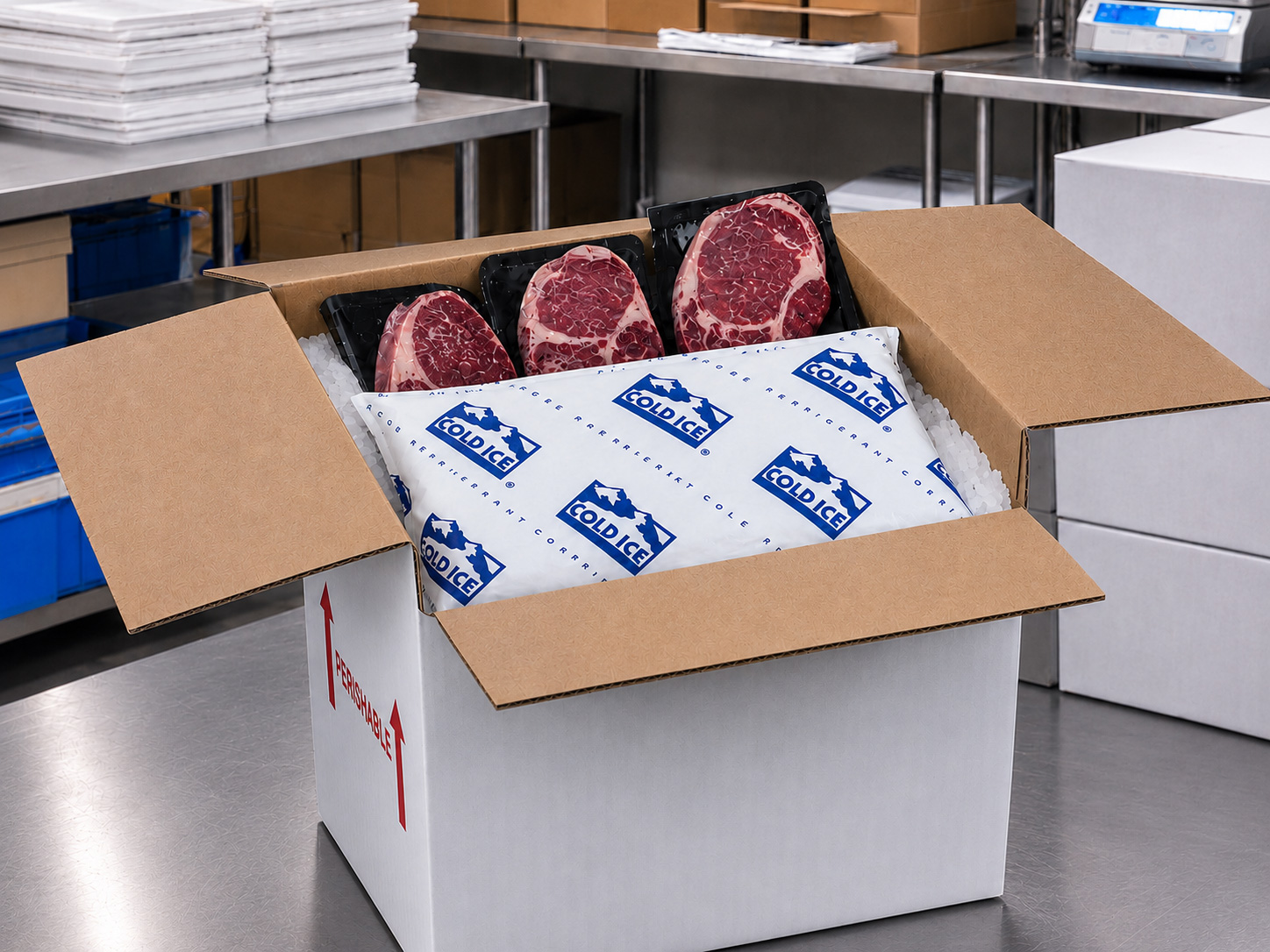 Open insulated cardboard shipping box labeled Perishable, filled with Cold Ice refrigerant gel packs and raw steaks arranged for cold chain transport and perishable shipping solutions