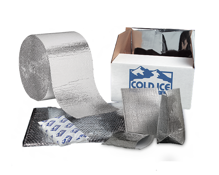ThermaFoil bubble roll, insulated box liner, and foil pouches alongside Cold Ice gel packs.
