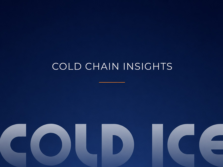 Dark blue featured graphic with "COLD CHAIN INSIGHTS" centered in white text above an orange line, with a large stylized "COLD ICE" watermark across the lower section.