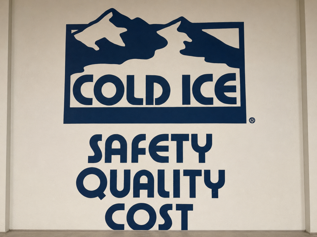 Cold Ice Inc. logo in blue and black, depicting a mountain peak and polar bear silhouette with the text "SAFETY QUALITY COST" below.