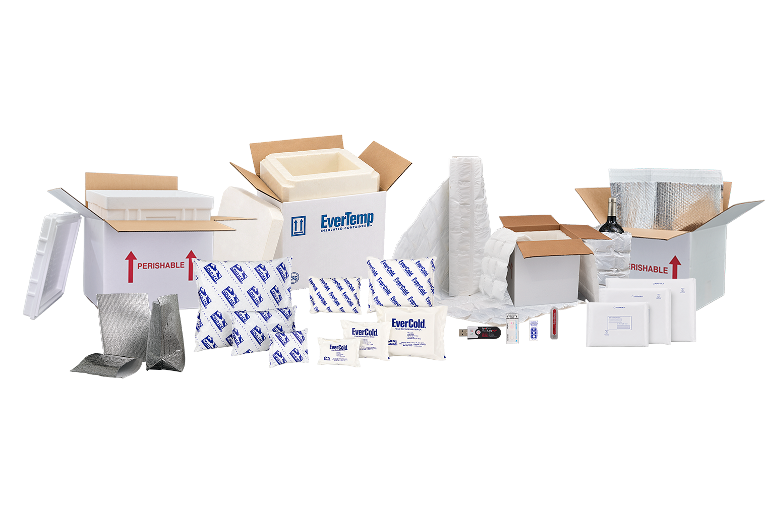 Full collection of Cold Ice cold chain packaging products arranged against a transparent background, featuring EverTemp insulated shipping boxes, metallic thermal pouches, refrigerant gel packs, and EverCold foam bricks.