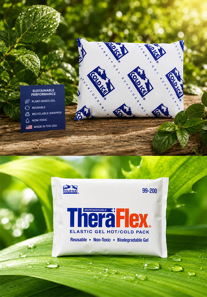 Cold Ice refrigerant gel packs and a TheraFlex eco-friendly elastic hot and cold gel pack.
